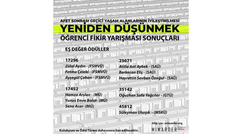 Yeniden Düşünmek: Afet Sonrası Geçici Yaşam Alanlarının İyileştirilmesi Öğrenci Fikir Yarışması Sonuçlandı Yeniden Düşünmek: Afet Sonrası Geçici Yaşam Alanlarının İyileştirilmesi Öğrenci Fikir Yarışması Sonuçlandı